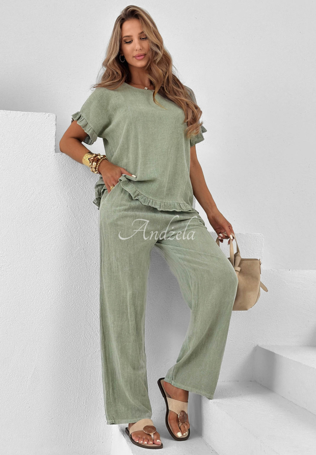Bavlněn&aacute; souprava halenka a kalhoty wide leg se lnem Summer Breeze khaki