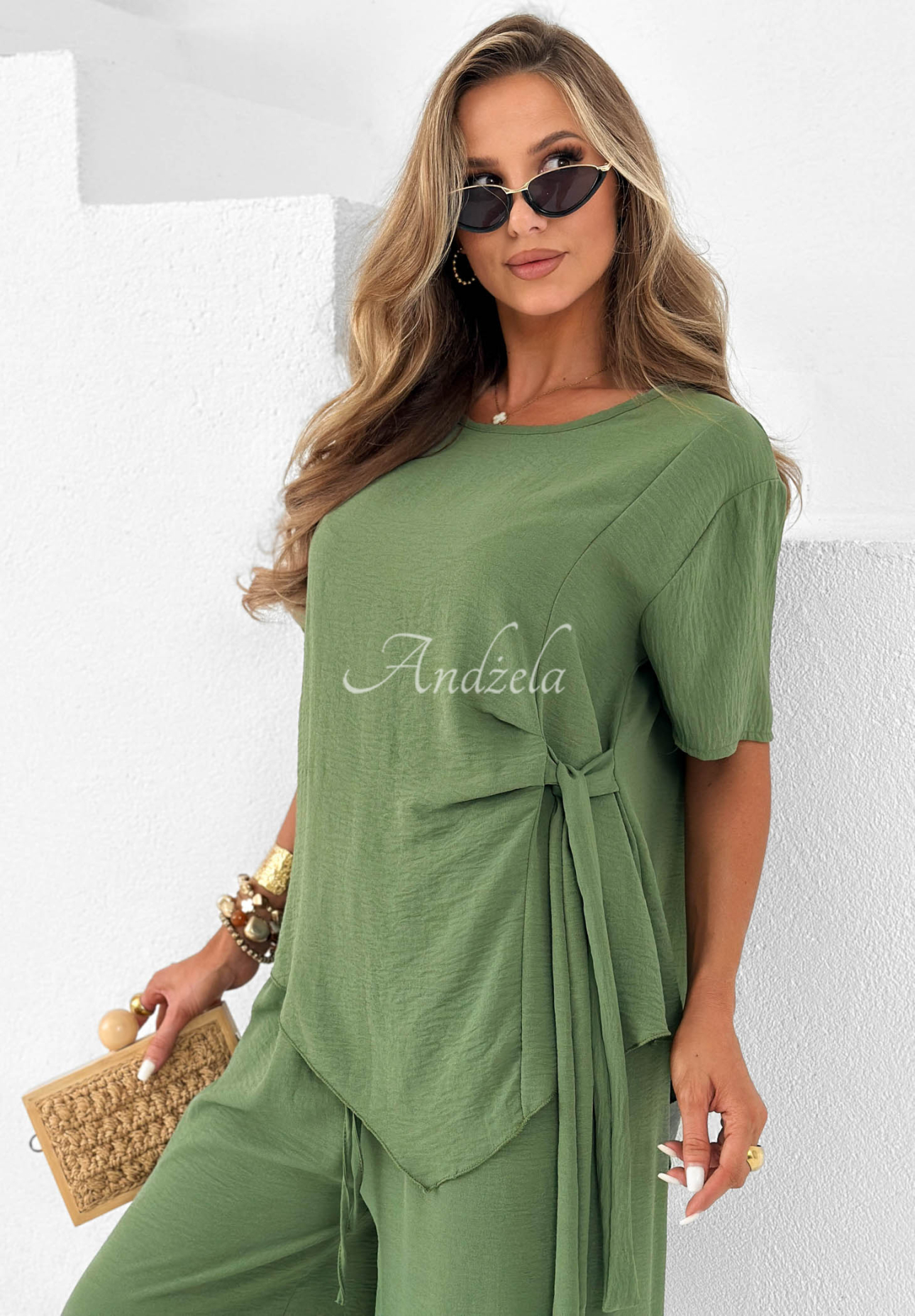 Viskózová souprava vázaná halenka a kalhoty wide leg Elite Holiday khaki