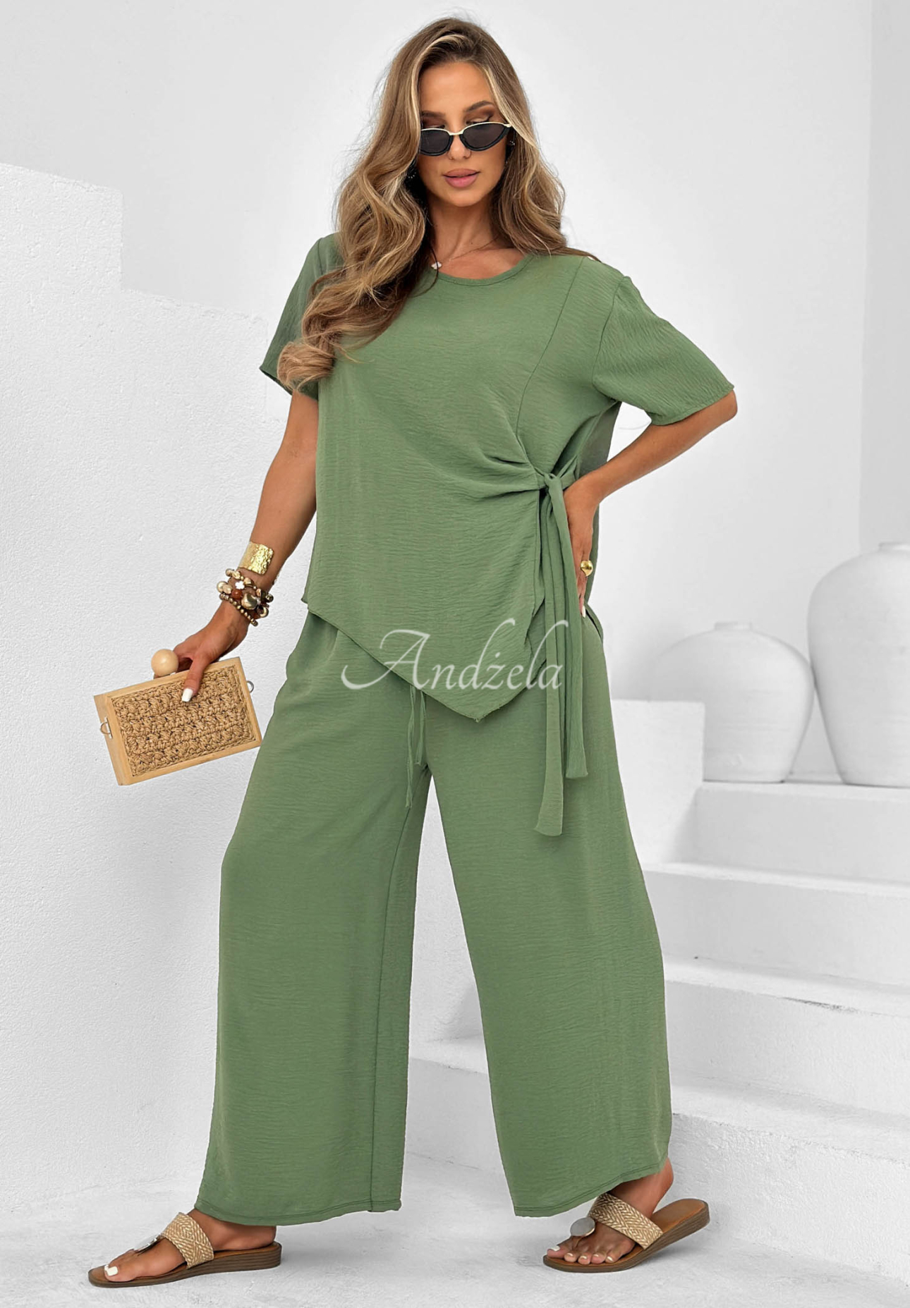 Viskózová souprava vázaná halenka a kalhoty wide leg Elite Holiday khaki