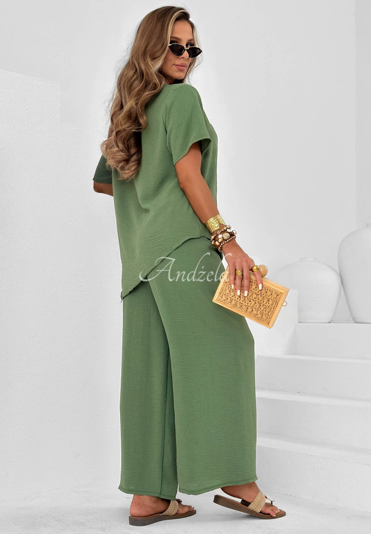 Viskózová souprava vázaná halenka a kalhoty wide leg Elite Holiday khaki