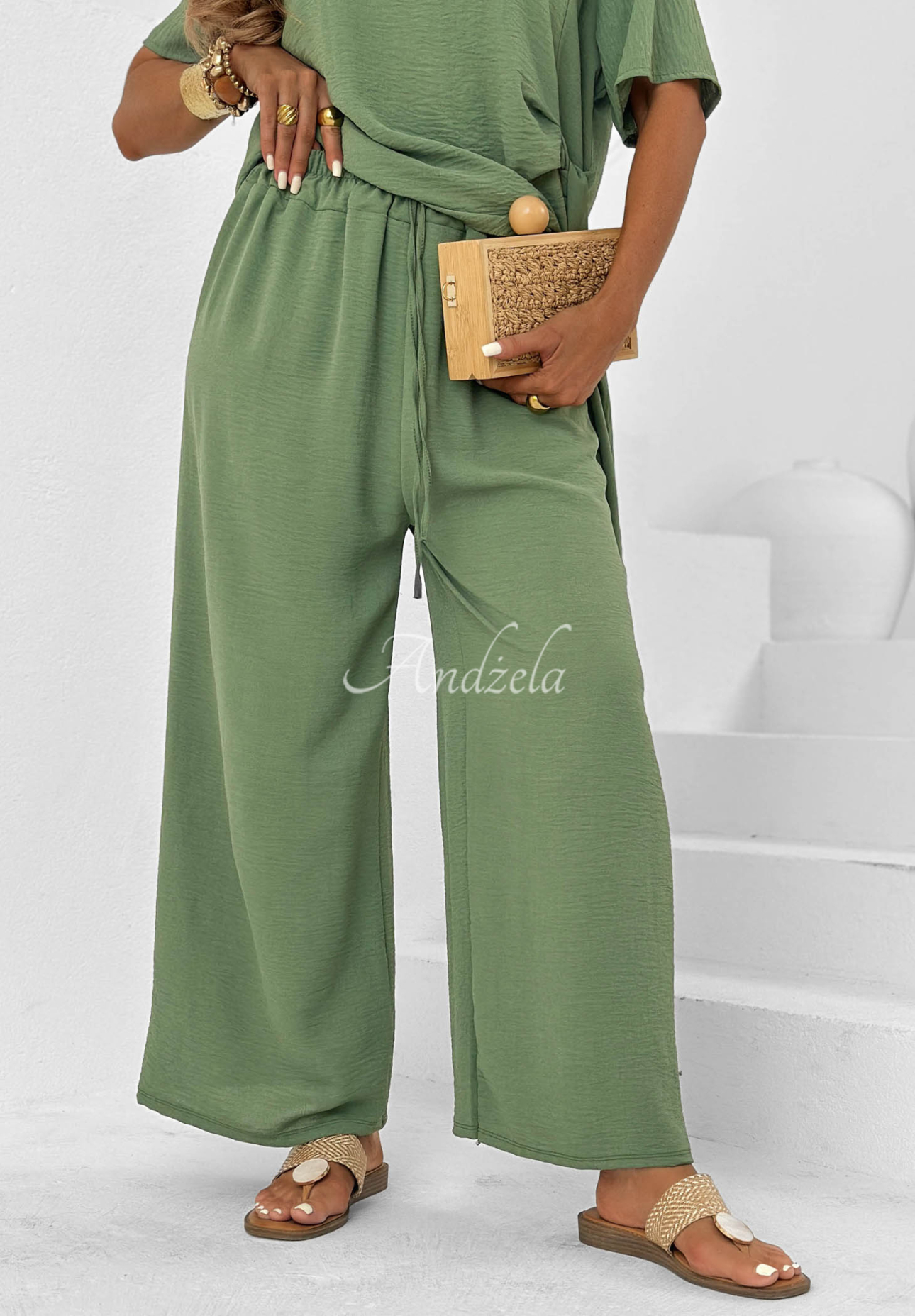Viskózová souprava vázaná halenka a kalhoty wide leg Elite Holiday khaki