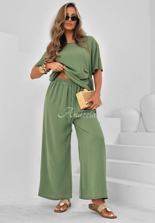 Visk&oacute;zov&aacute; souprava v&aacute;zan&aacute; halenka a kalhoty wide leg Elite Holiday khaki