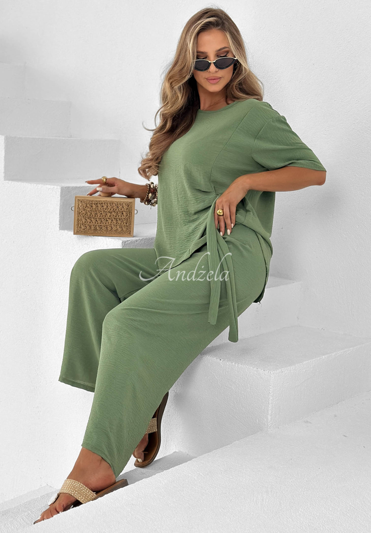 Viskózová souprava vázaná halenka a kalhoty wide leg Elite Holiday khaki