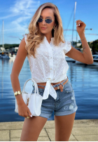 Ażurowa Košile z wiązaniem i falbankami boho Soft Summer Bílá