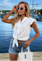 Ażurowa Košile z wiązaniem i falbankami boho Soft Summer Bílá