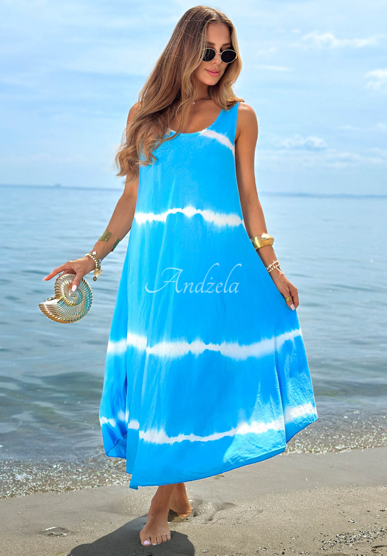Bavlněné maxi šaty na ramínka tie dye Sea Waves blankytná