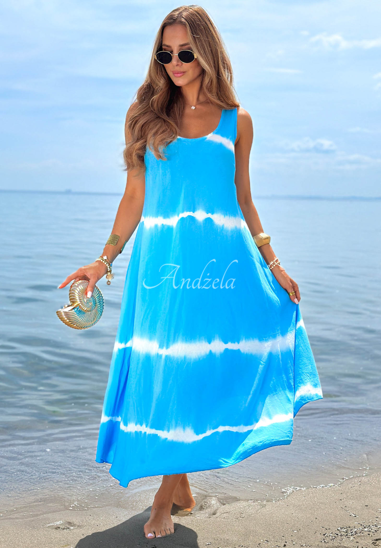 Bavlněné maxi šaty na ramínka tie dye Sea Waves blankytná