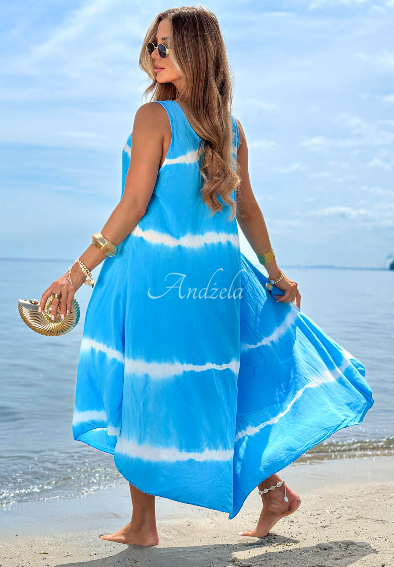 Bavlněné maxi šaty na ramínka tie dye Sea Waves blankytná
