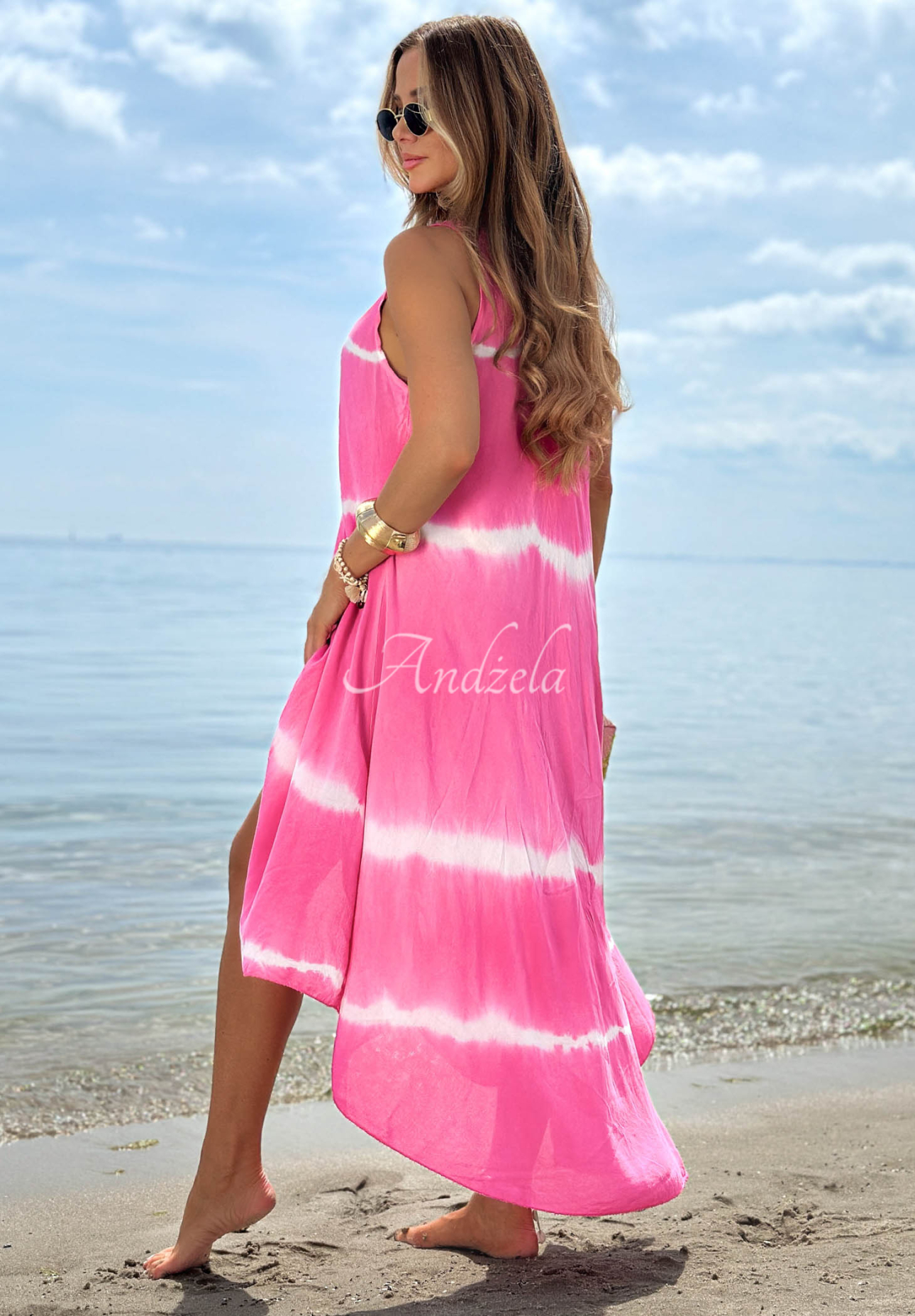 Bavlněné maxi šaty na ramínka tie dye Sea Waves fuchsiová