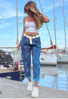 Kalhoty džínové  mom fit w kwiaty Callari tmavě modré