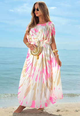 Viskózové maxi šaty na ramínka tie dye Summer Dance béžovo-růžové