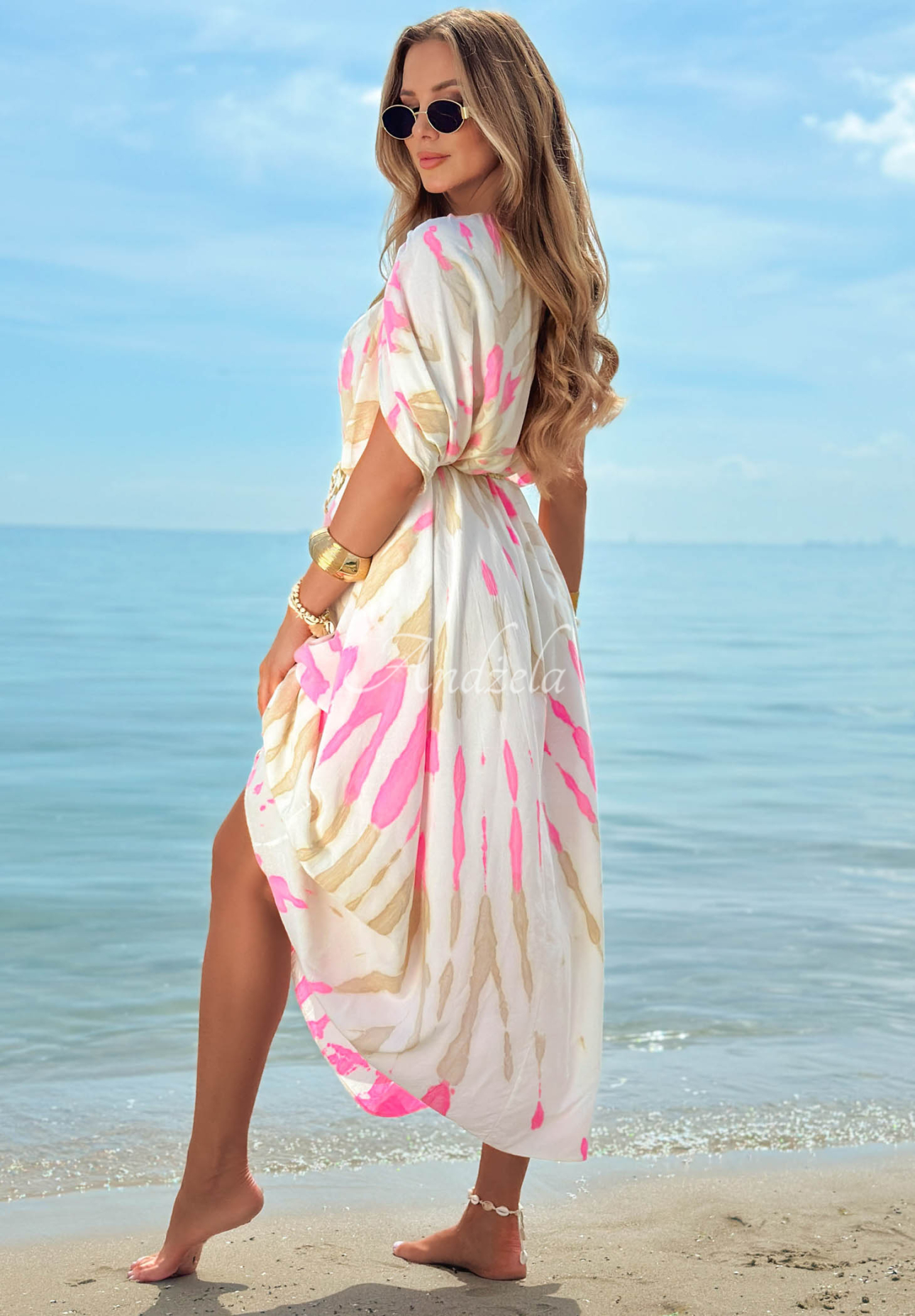 Viskózové maxi šaty na ramínka tie dye Summer Dance béžovo-růžové