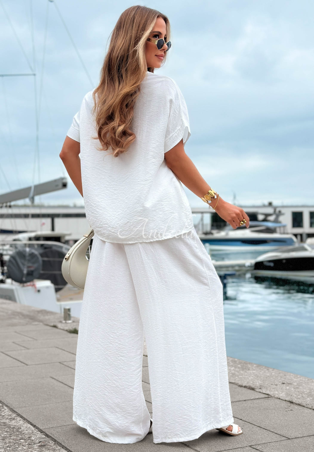 Viskózová souprava oversize halenka a wide leg kalhoty Amalfi Getaway Bílá