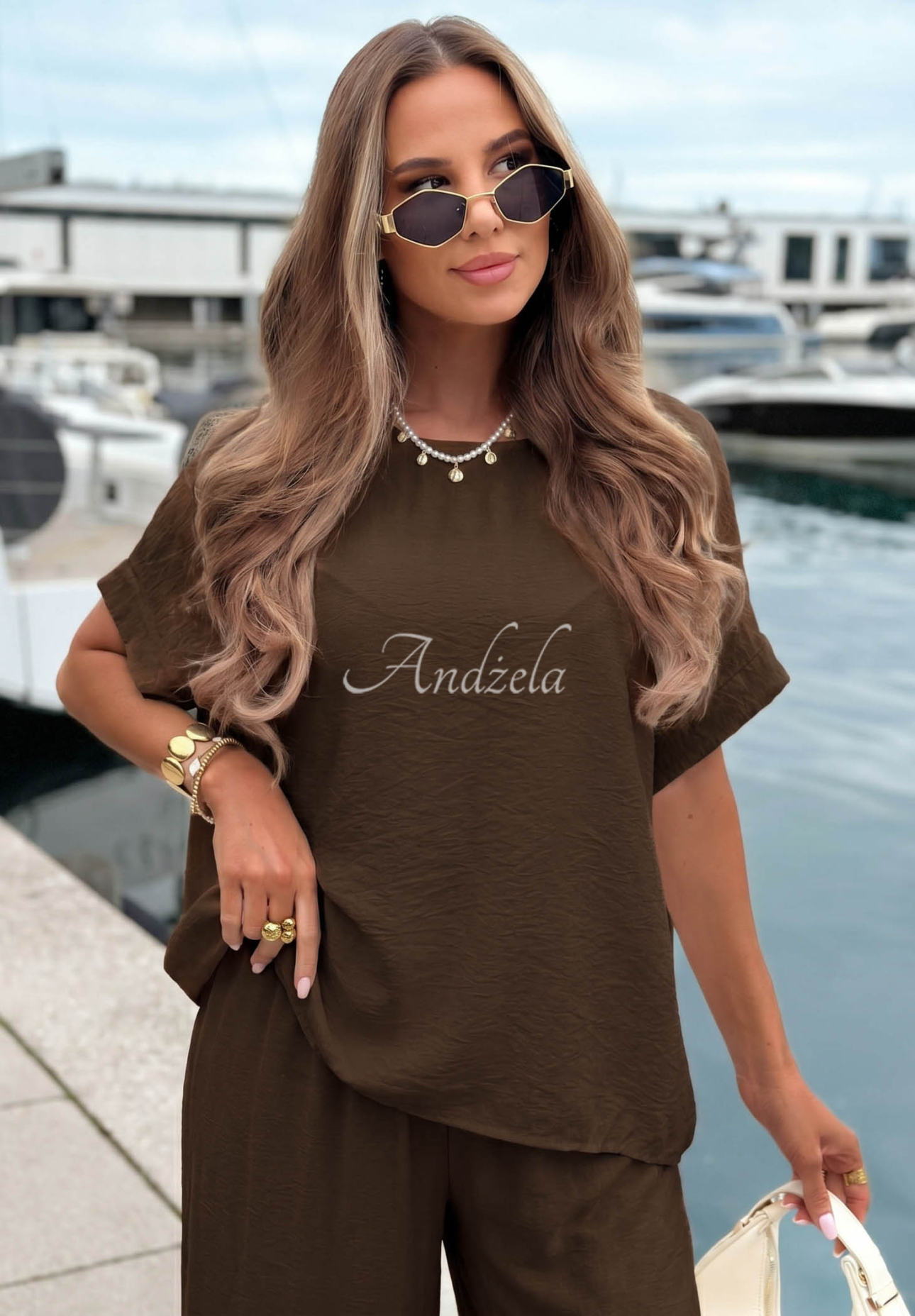 Viskózová souprava oversize halenka a wide leg kalhoty Amalfi Getaway čokoládový