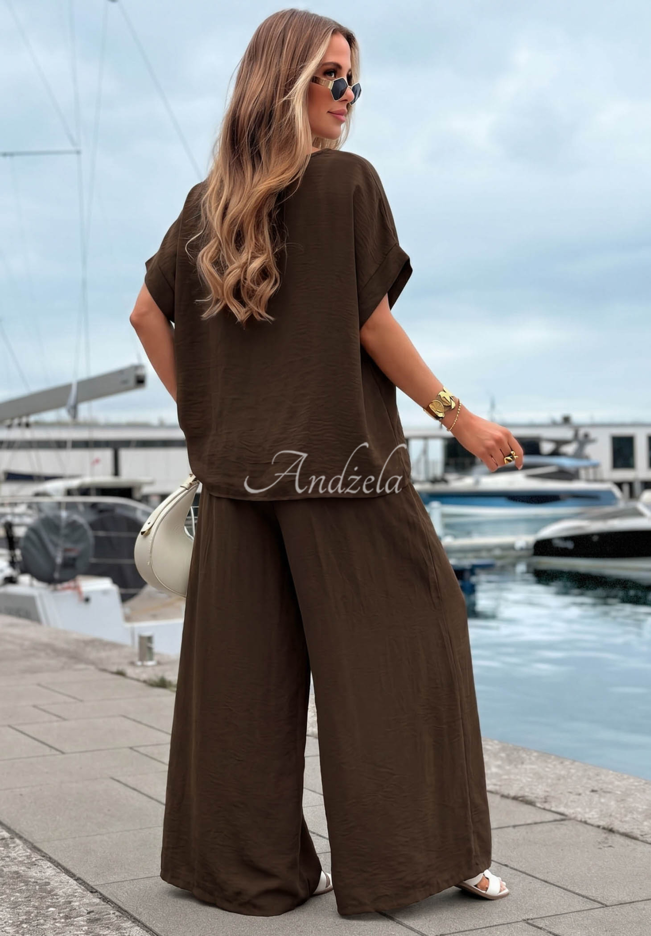 Viskózová souprava oversize halenka a wide leg kalhoty Amalfi Getaway čokoládový