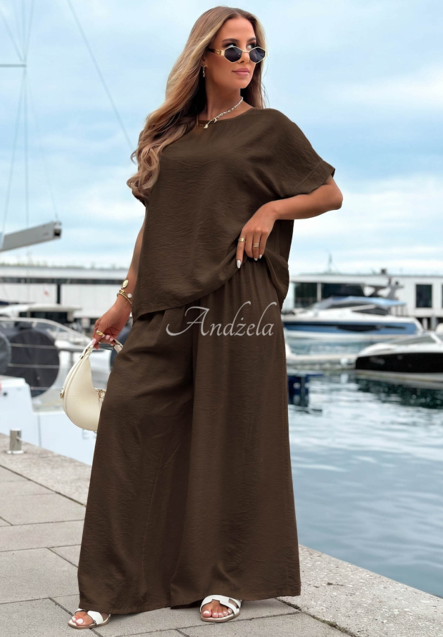 Visk&oacute;zov&aacute; souprava oversize halenka a wide leg kalhoty Amalfi Getaway čokol&aacute;dov&yacute;