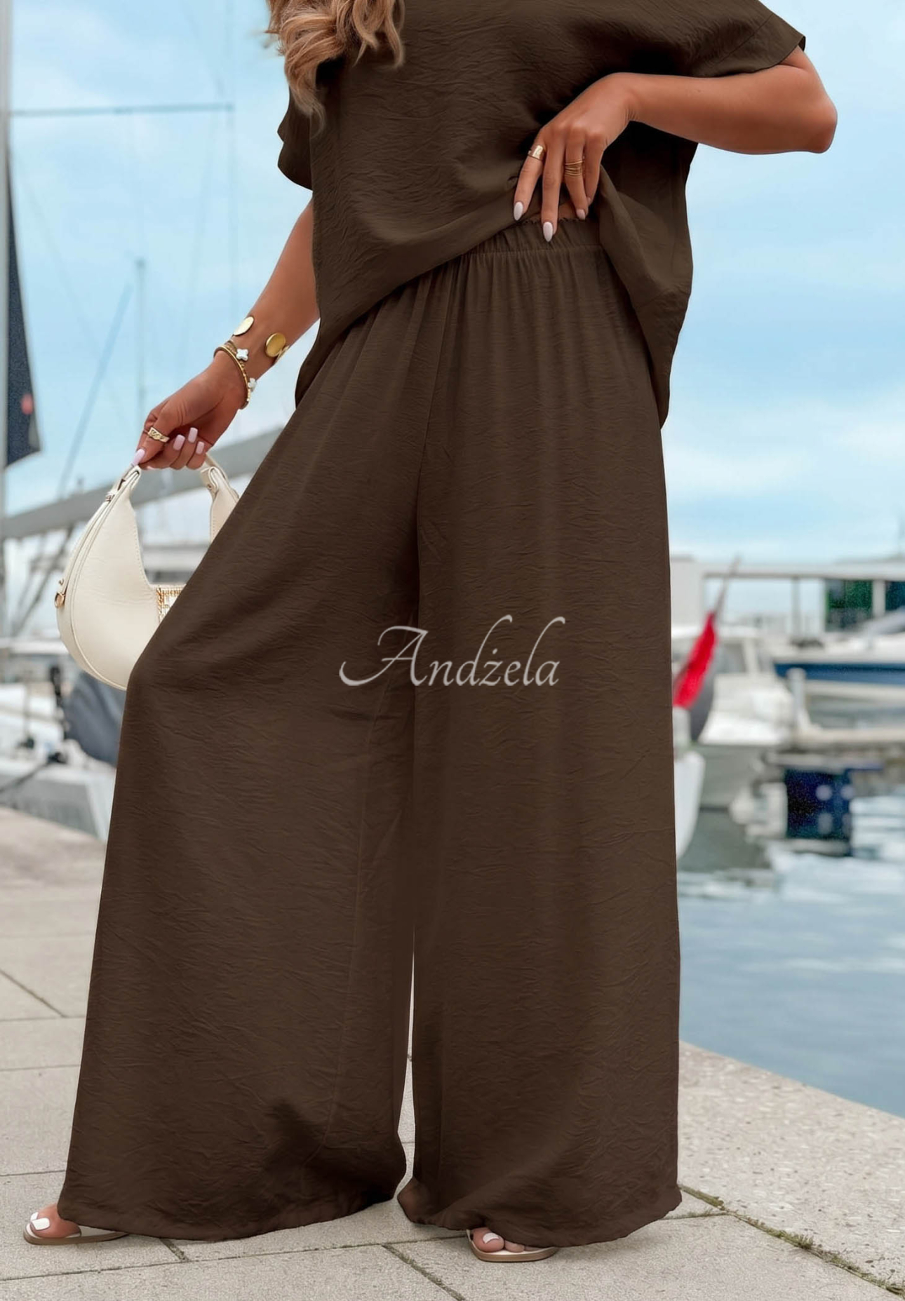 Viskózová souprava oversize halenka a wide leg kalhoty Amalfi Getaway čokoládový