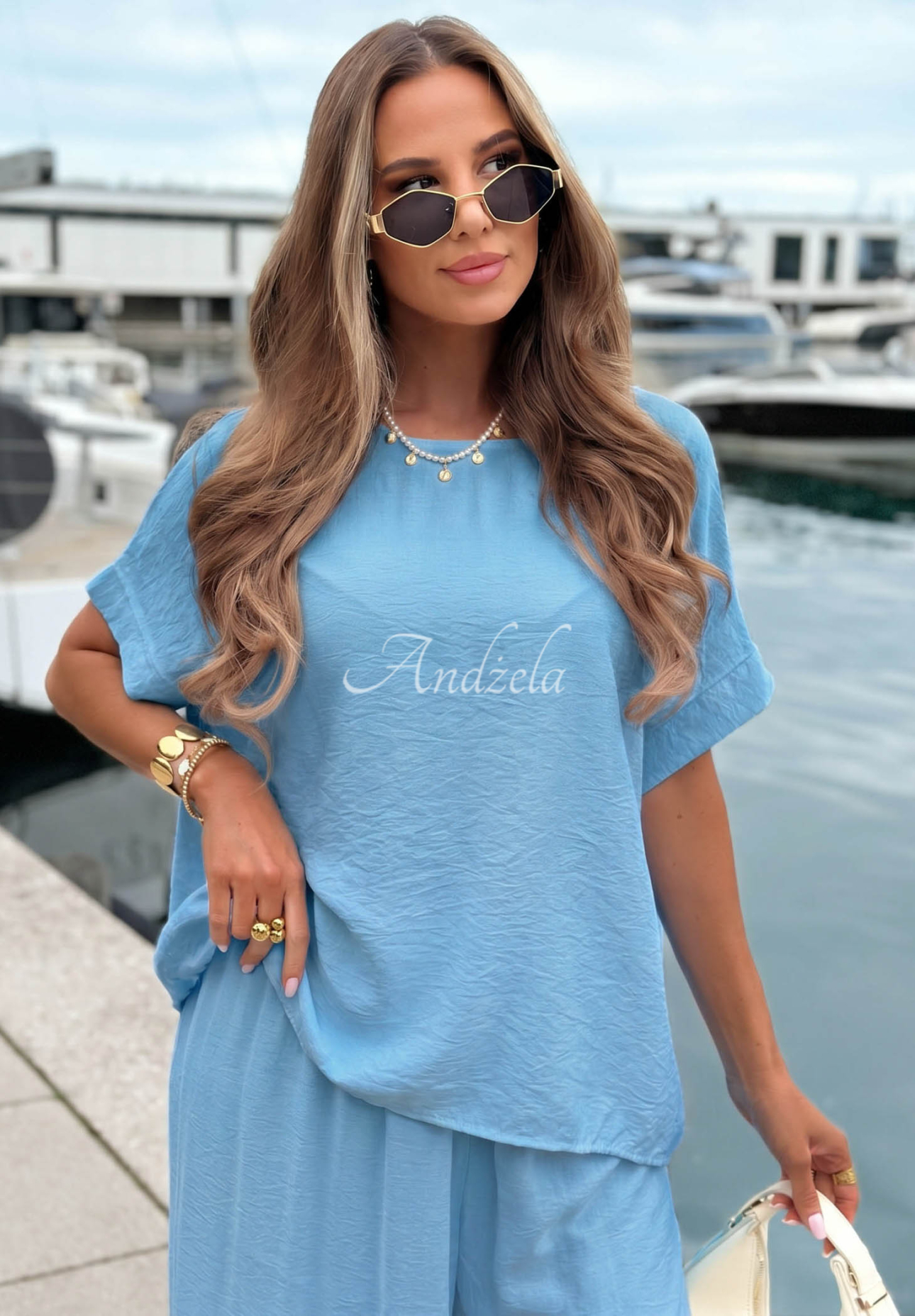 Viskózová souprava oversize halenka a wide leg kalhoty Amalfi Getaway blankytný