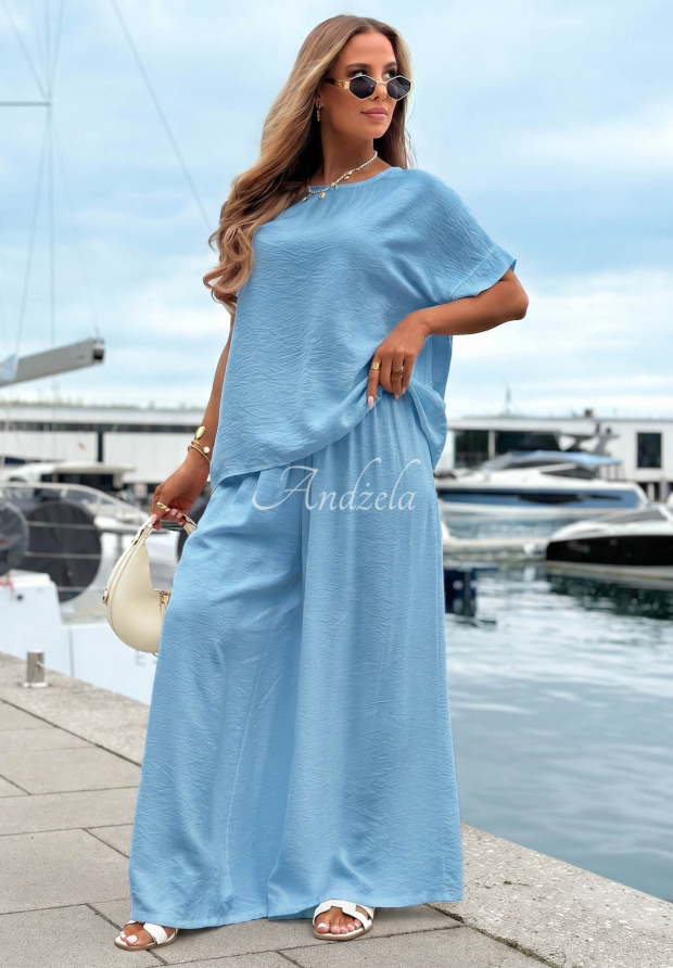 Visk&oacute;zov&aacute; souprava oversize halenka a wide leg kalhoty Amalfi Getaway blankytn&yacute;