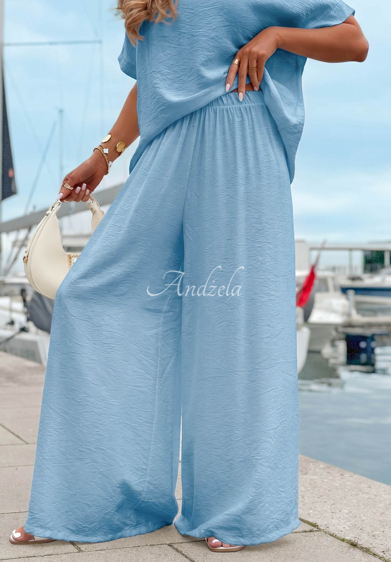 Viskózová souprava oversize halenka a wide leg kalhoty Amalfi Getaway blankytný