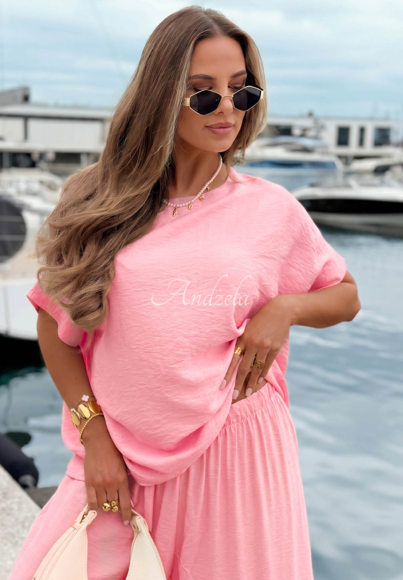 Viskózová souprava oversize halenka a wide leg kalhoty Amalfi Getaway růžový