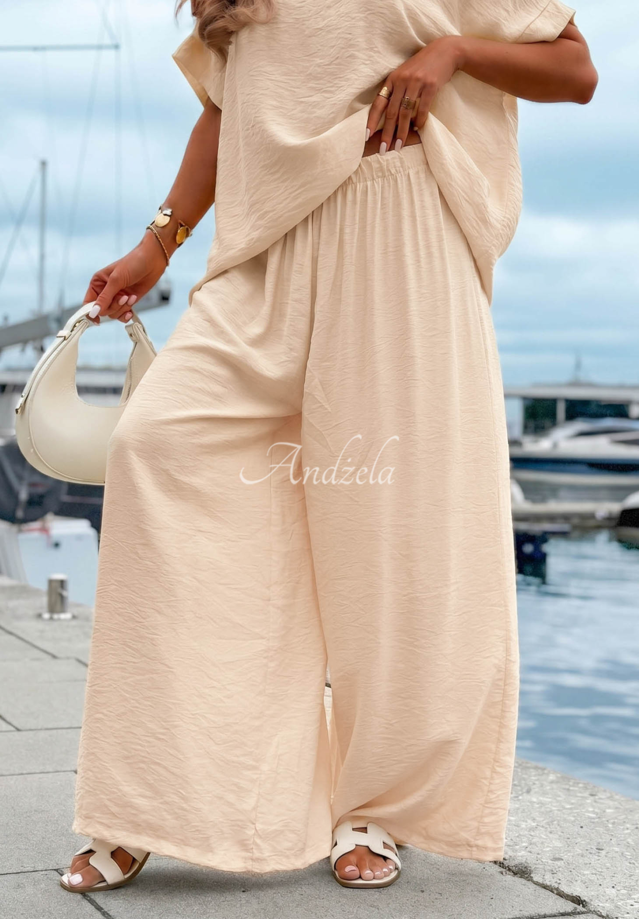 Viskózová souprava oversize halenka a wide leg kalhoty Amalfi Getaway béžový