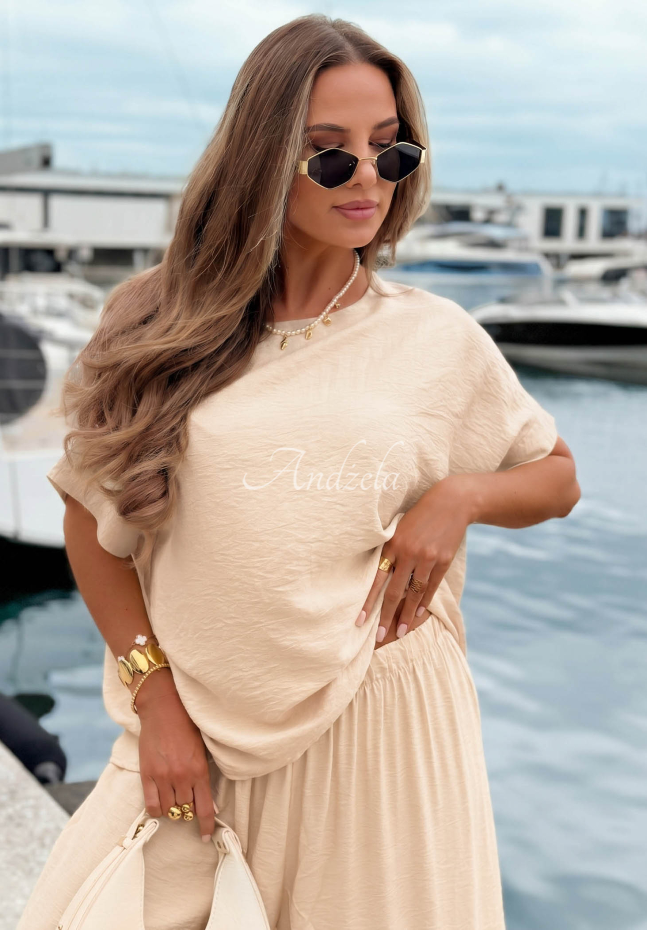 Viskózová souprava oversize halenka a wide leg kalhoty Amalfi Getaway béžový