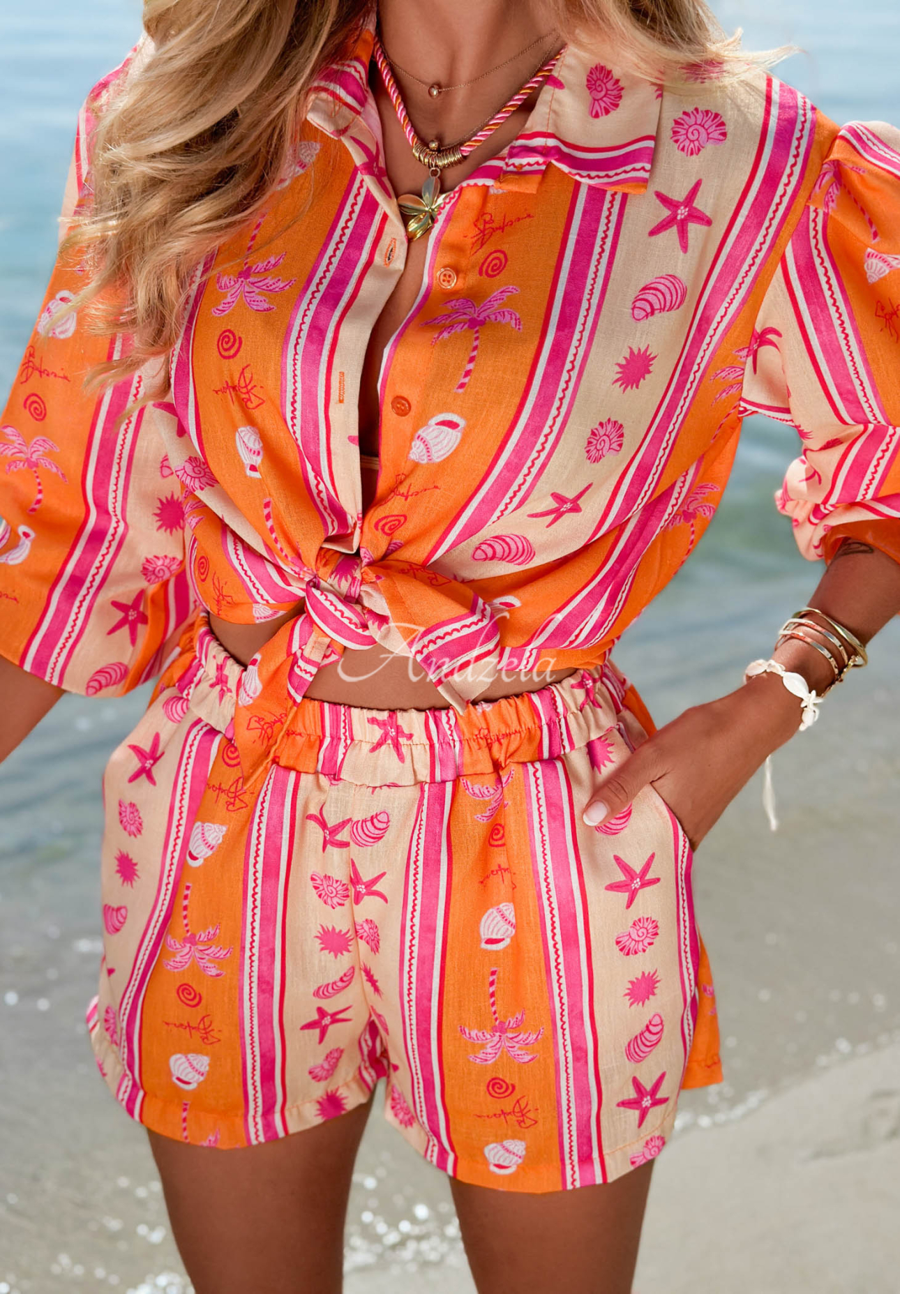 Bavlněná souprava košile a šortky se vzory Summer Calling oranžovo-růžová