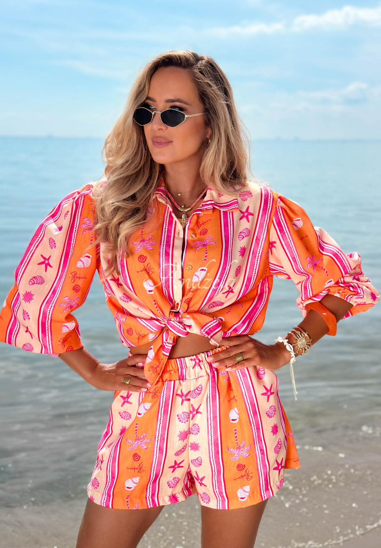 Bavlněná souprava košile a šortky se vzory Summer Calling oranžovo-růžová