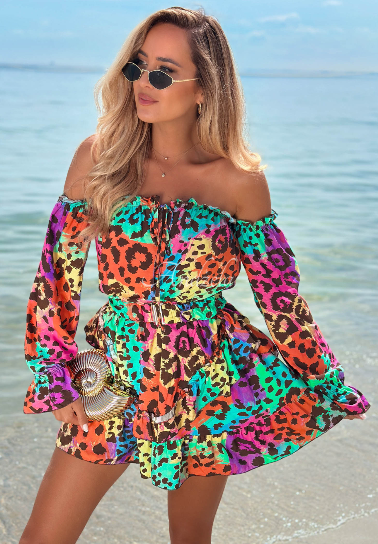 Krátký viskózový overal španělka s leopardím vzorem Wild Colors tyrkysovo-oranžový