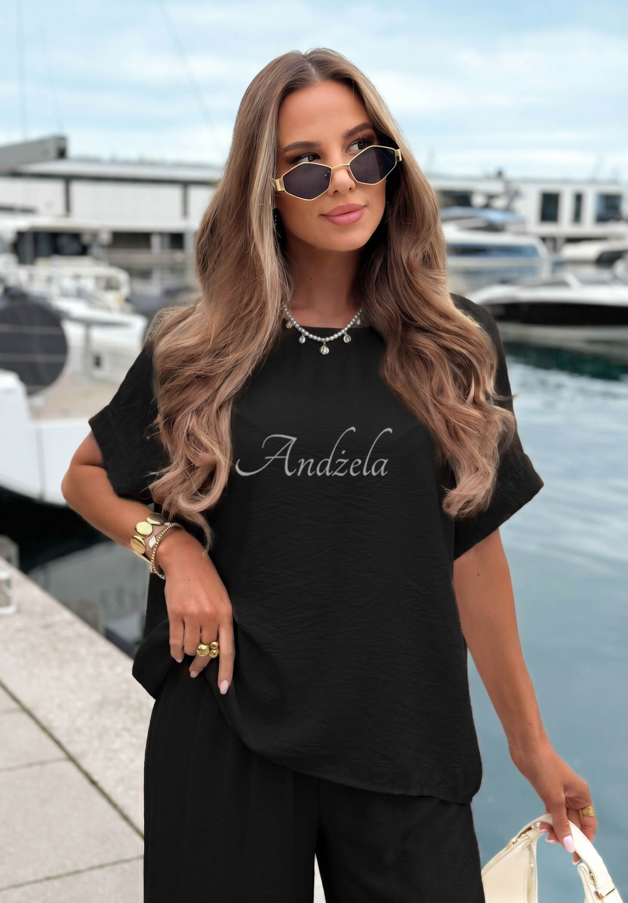 Viskózová souprava oversize halenka a wide leg kalhoty Amalfi Getaway Černé