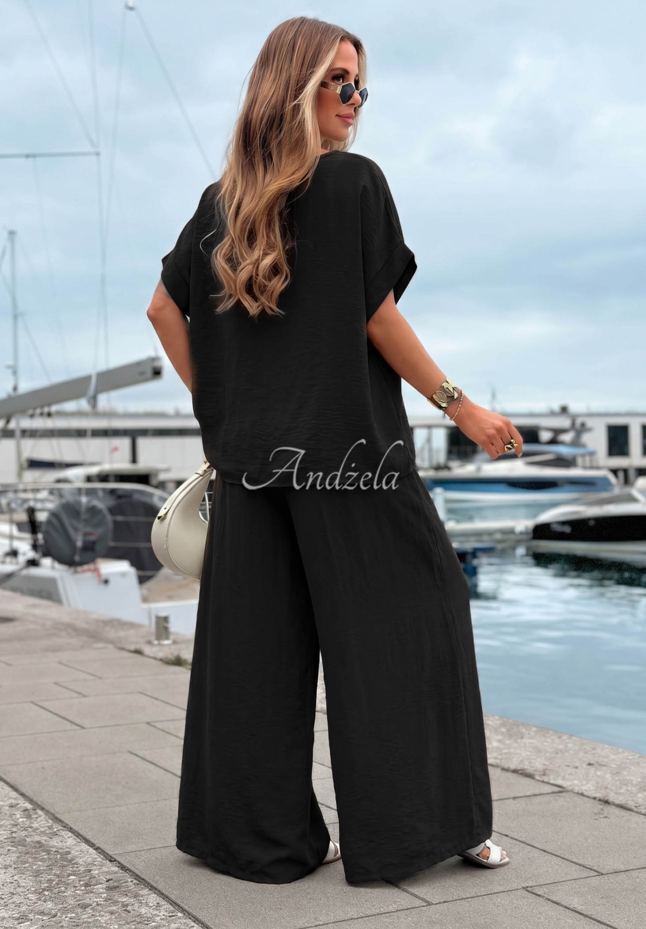 Viskózová souprava oversize halenka a wide leg kalhoty Amalfi Getaway Černé