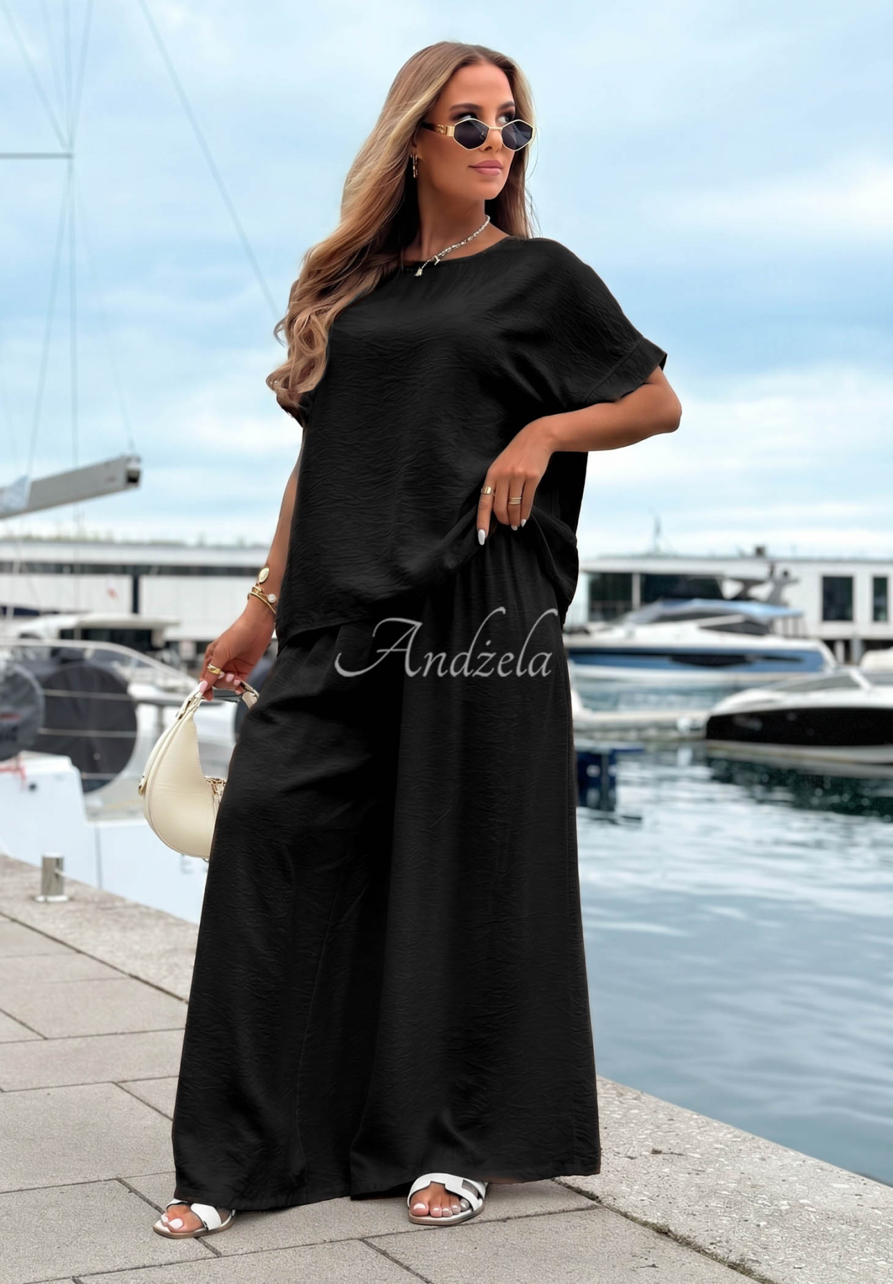 Viskózová souprava oversize halenka a wide leg kalhoty Amalfi Getaway Černé