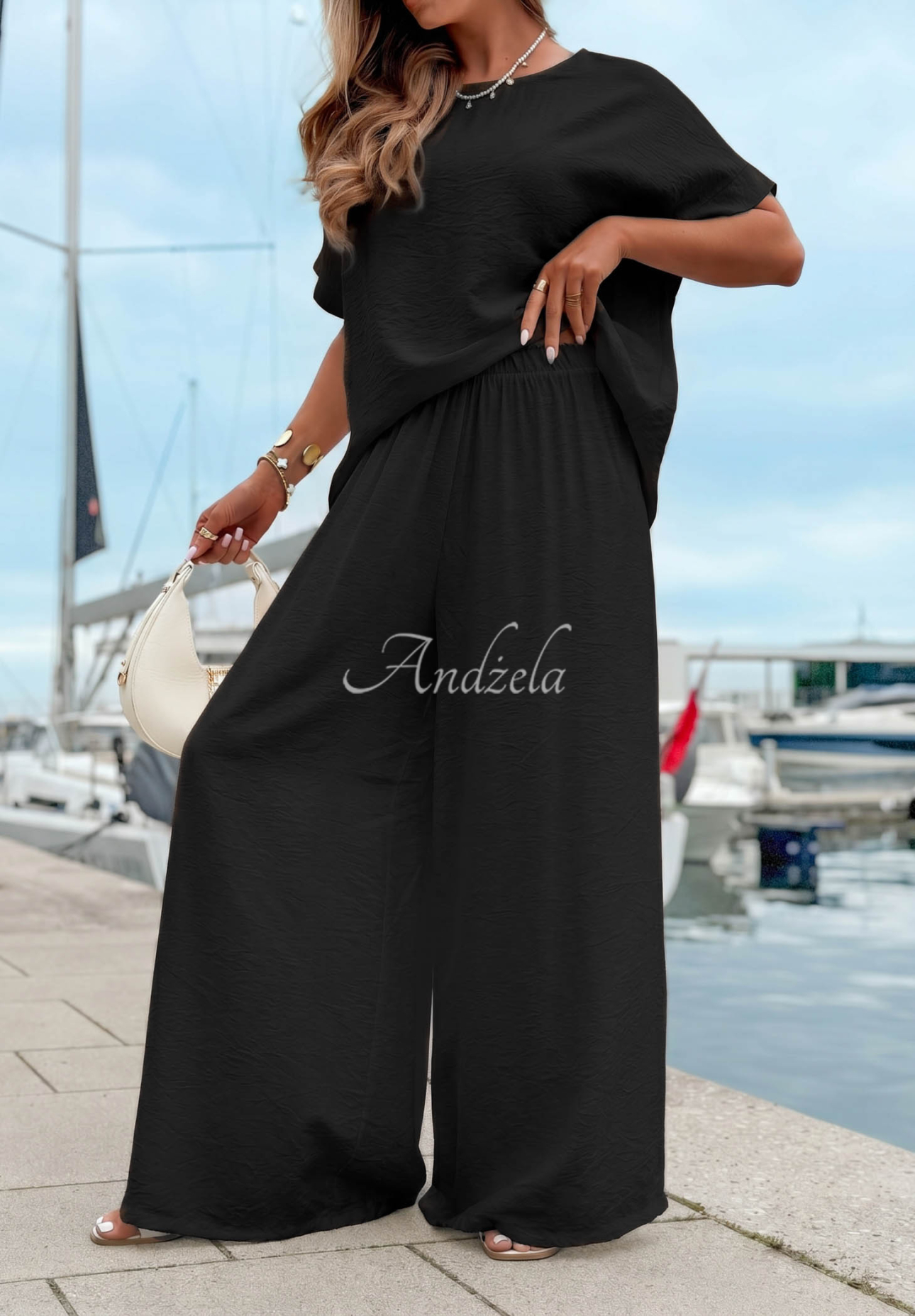 Viskózová souprava oversize halenka a wide leg kalhoty Amalfi Getaway Černé