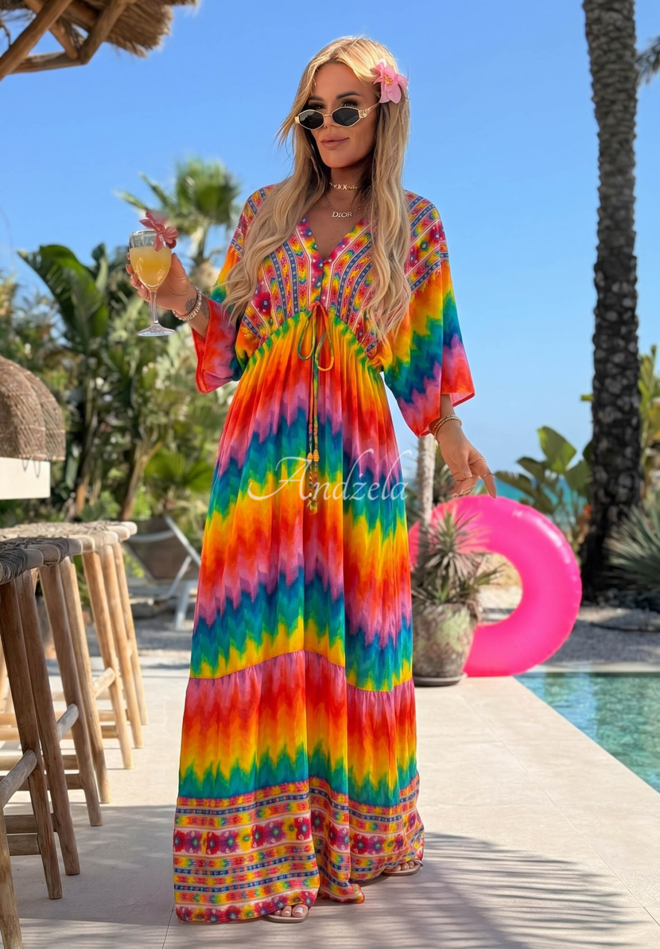 Viskózové maxi šaty s barevnými vzory Rainbow Soul oranžovo-růžové