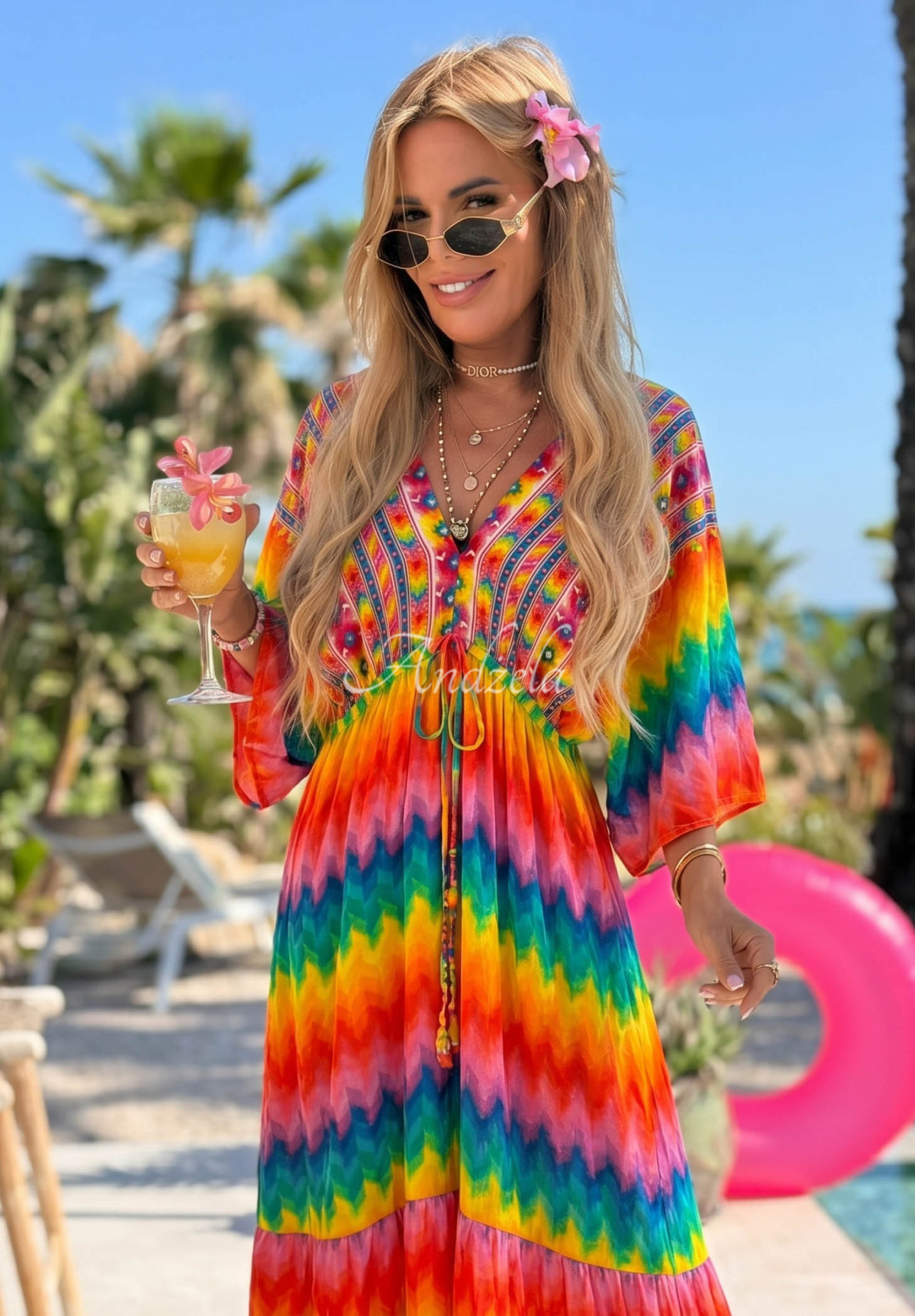 Viskózové maxi šaty s barevnými vzory Rainbow Soul oranžovo-růžové