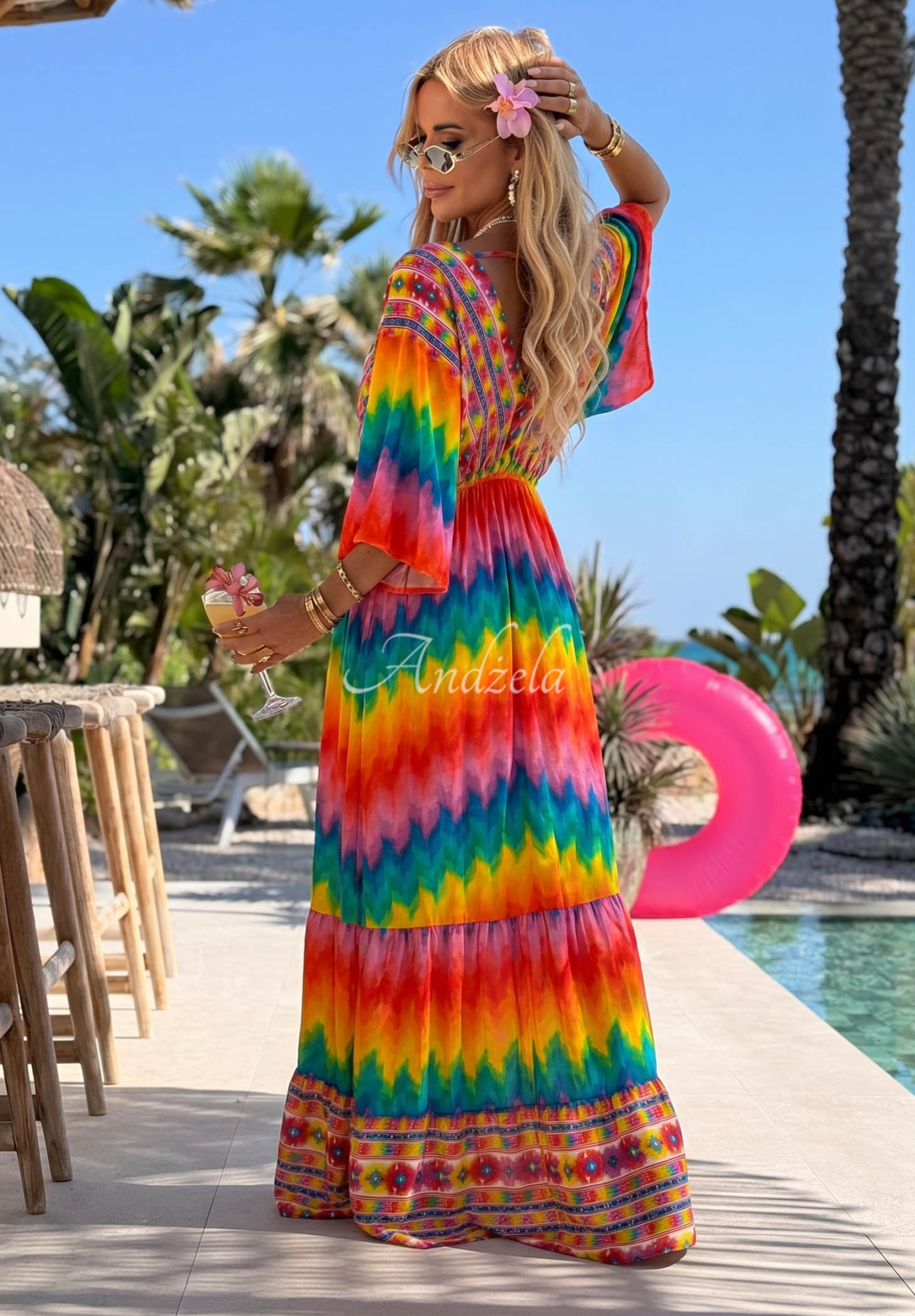 Viskózové maxi šaty s barevnými vzory Rainbow Soul oranžovo-růžové