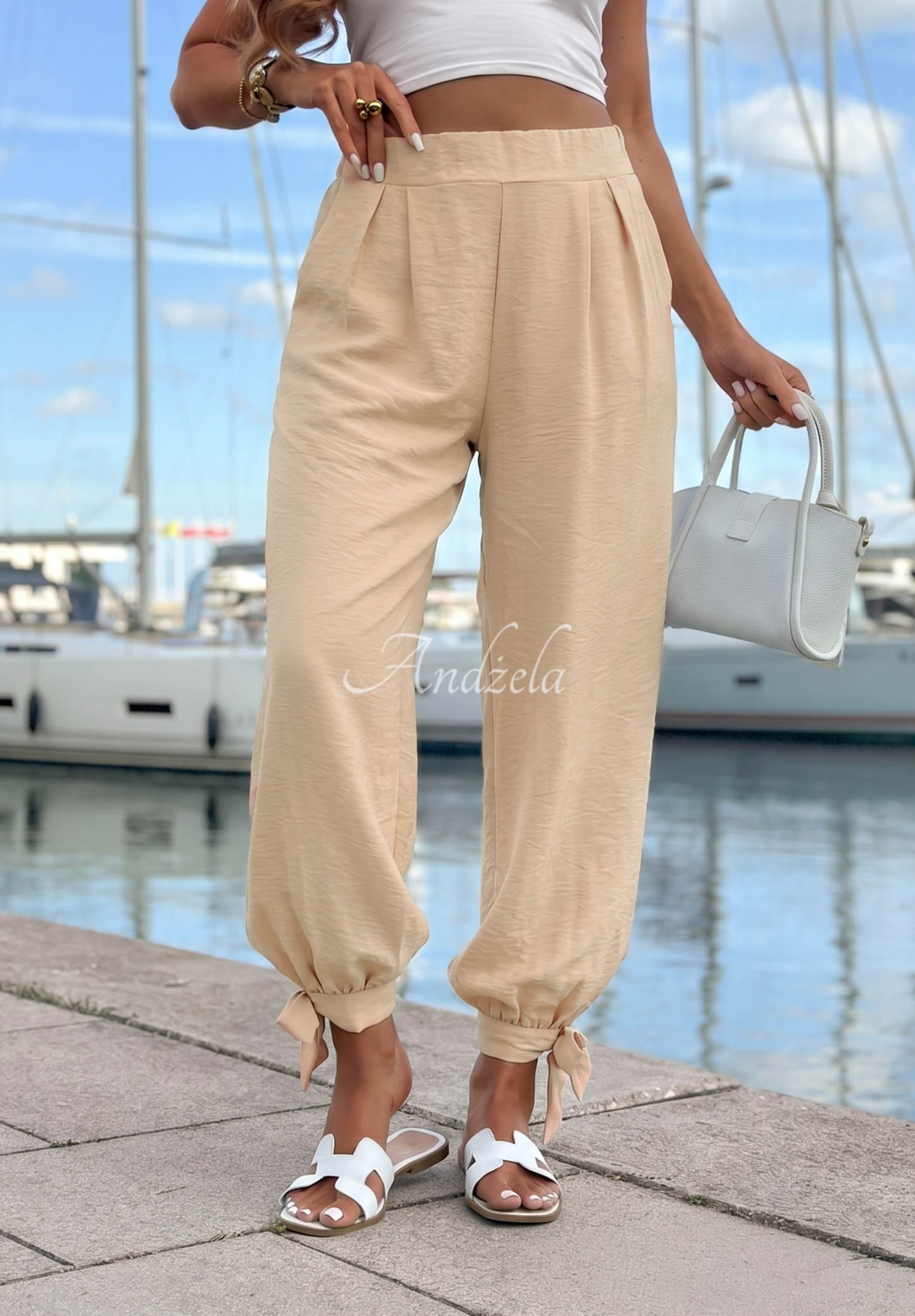 Viskózové kalhoty se zavazováním dole Answear béžové