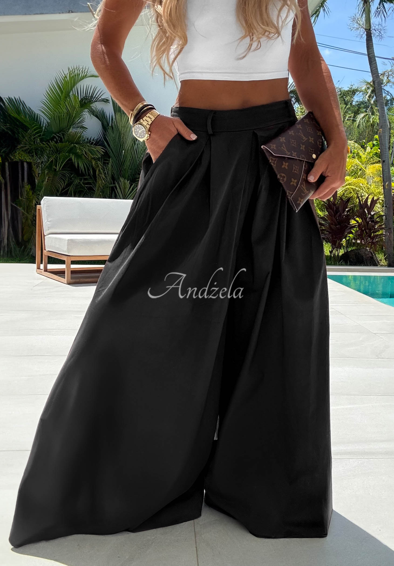 Látkové bavlněné kalhoty wide leg Sea Elegance černé