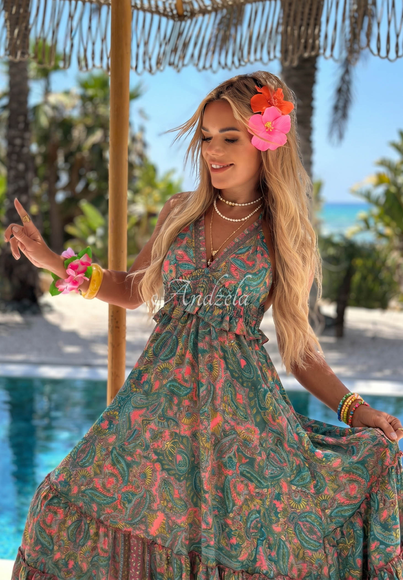 Vzorované maxi šaty z viskózy Summer Bliss mentolovo-růžové