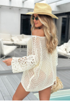 Ażurowy Svetr oversize z koronkowymi rękawami boho Bonita Springs Bílá