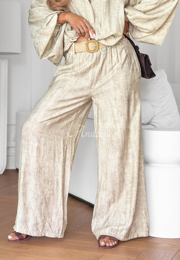 Visk&oacute;zov&eacute; kalhoty wide leg s p&aacute;skem Honey Sunset b&eacute;žov&eacute;