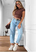 Kalhoty džínové  mom fit z paskiem Horizon Blue světle modré