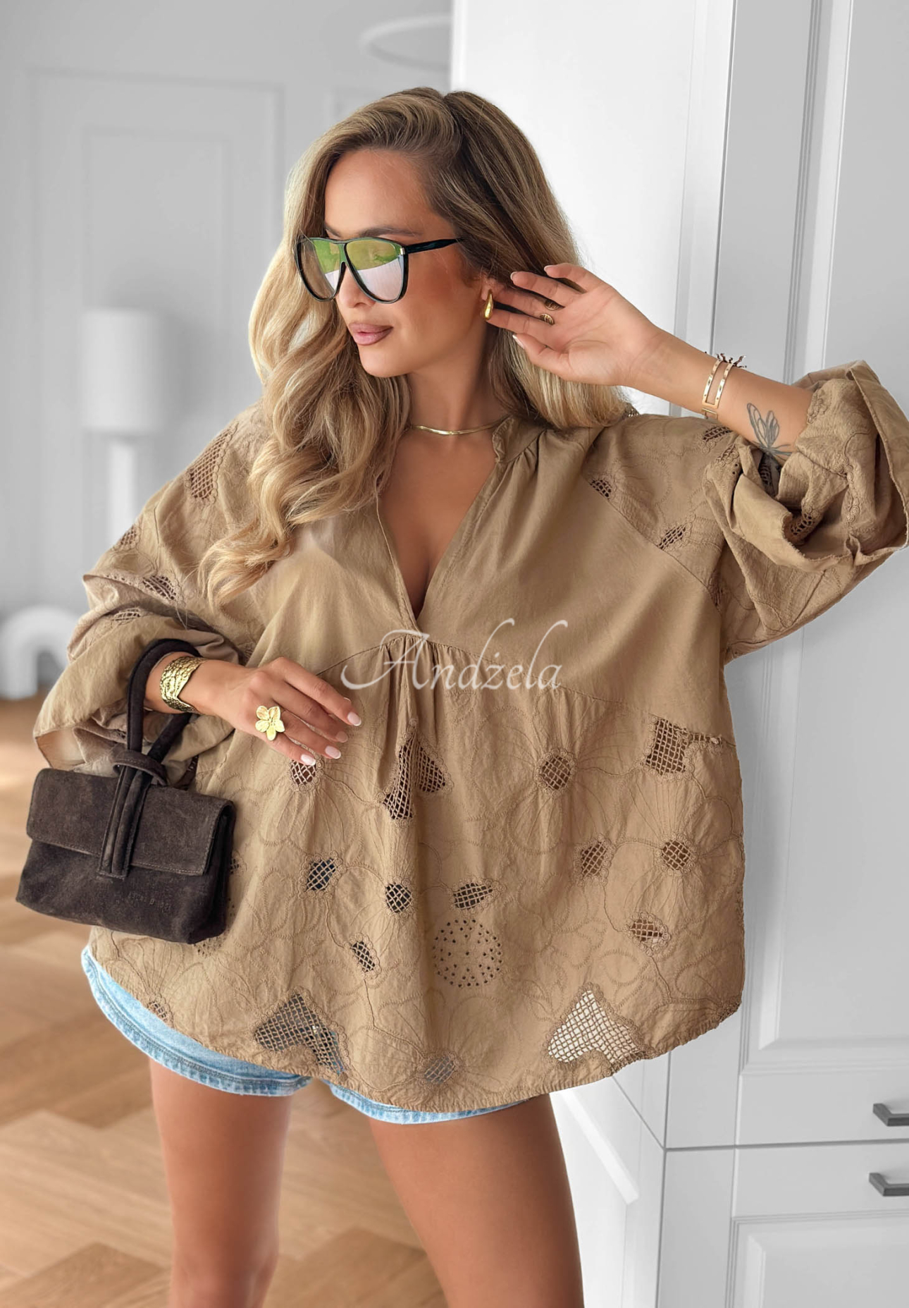 Vyšívaná boho bavlněná halenka Beach Wish Mokka