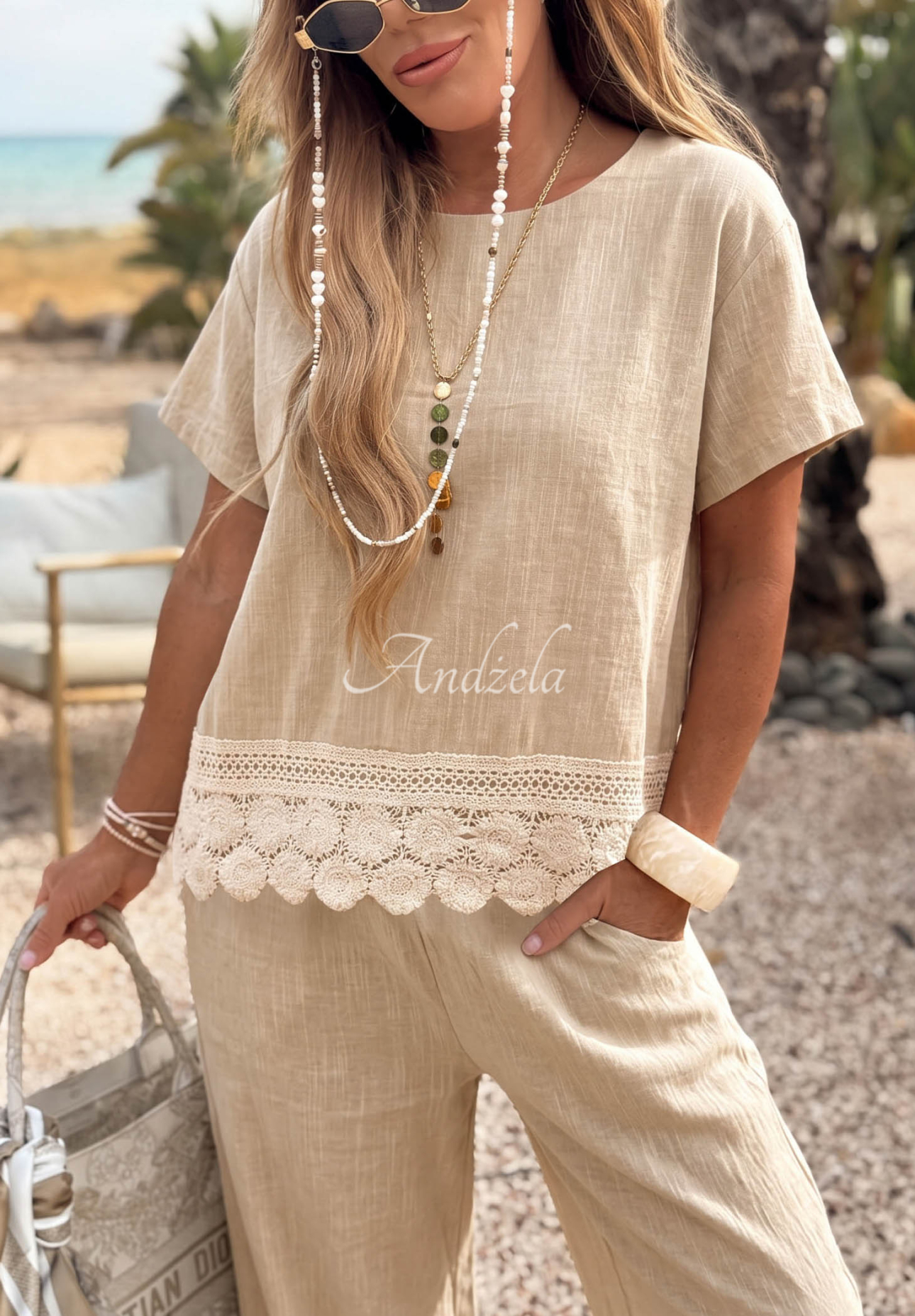 Bavlněná halenka s krajkou Soft Sand béžová