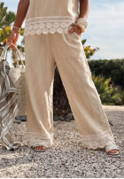 Kalhoty wide leg z koronką Soft Sand béžové