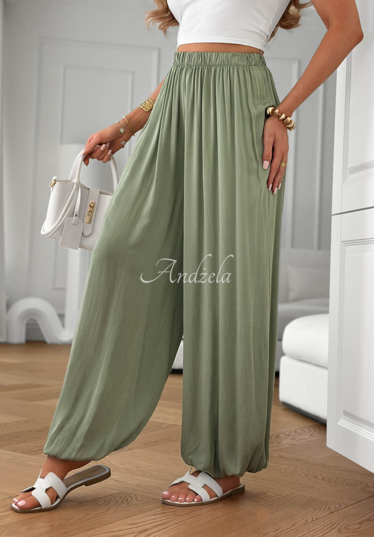 Látkové jogger kalhoty z viskózy Ocean Kiss khaki