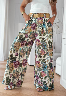 Viskózové kalhoty se sklady s květinovým vzorem Blooming Air khaki