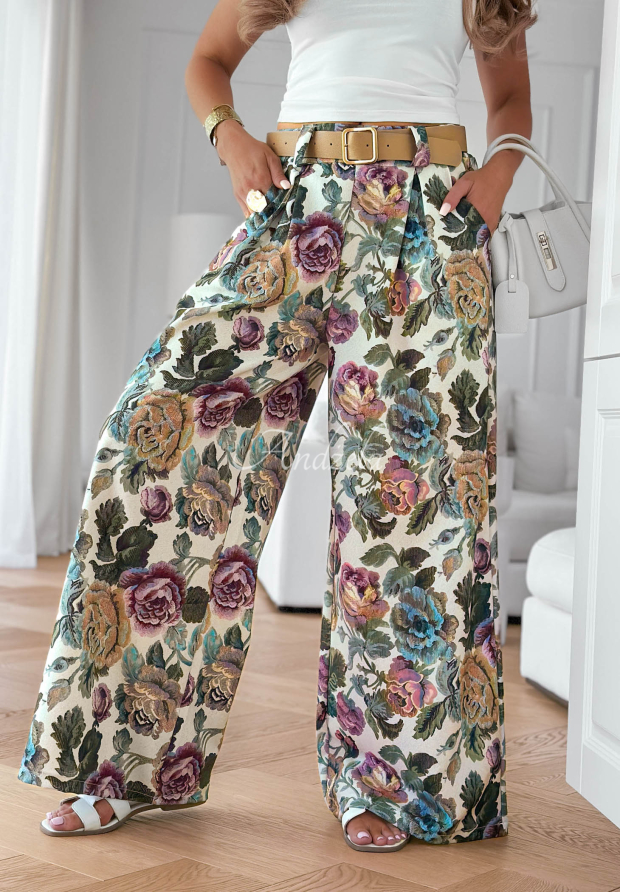 Visk&oacute;zov&eacute; kalhoty se sklady s květinov&yacute;m vzorem Blooming Air khaki