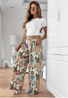 Wiskozowe kwieciste Kalhoty wide leg Blooming Air khaki